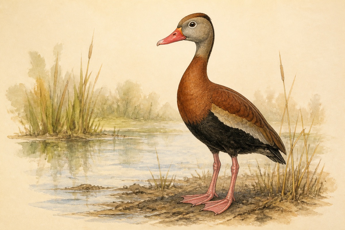 Stylized field-guide illustration of a Black-bellied Whistling-Duck