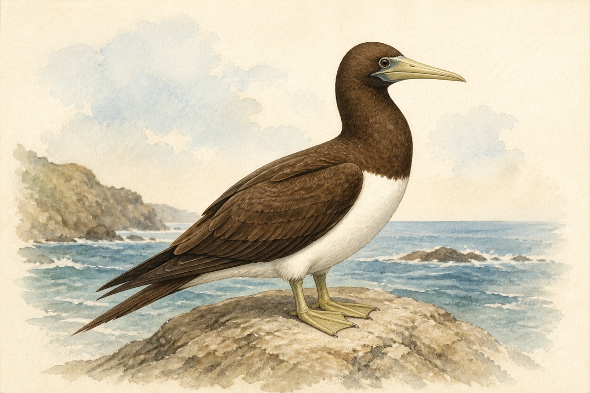 Stylized field-guide illustration of a Brown Booby