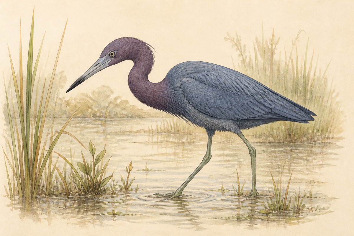 Stylized field-guide illustration of a Little Blue Heron