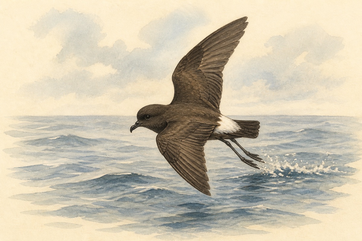 Stylized field-guide illustration of a Wilson's Storm-Petrel