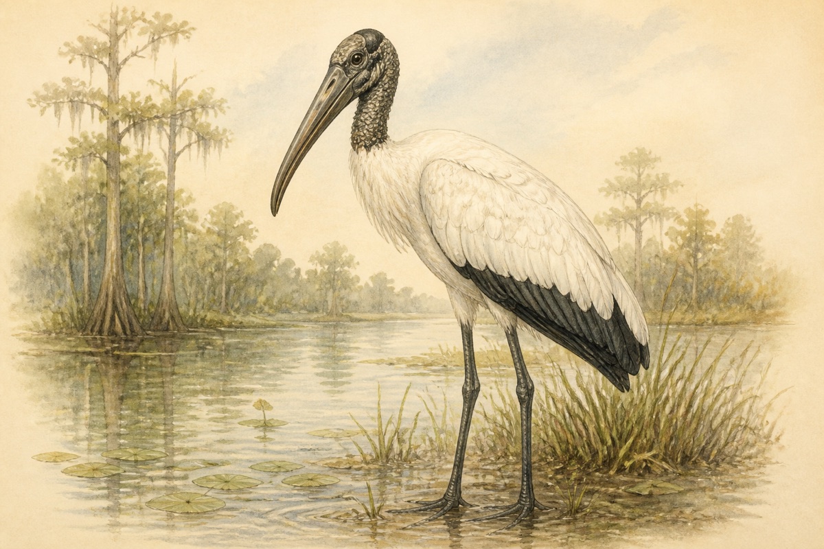 Stylized field-guide illustration of a Wood Stork